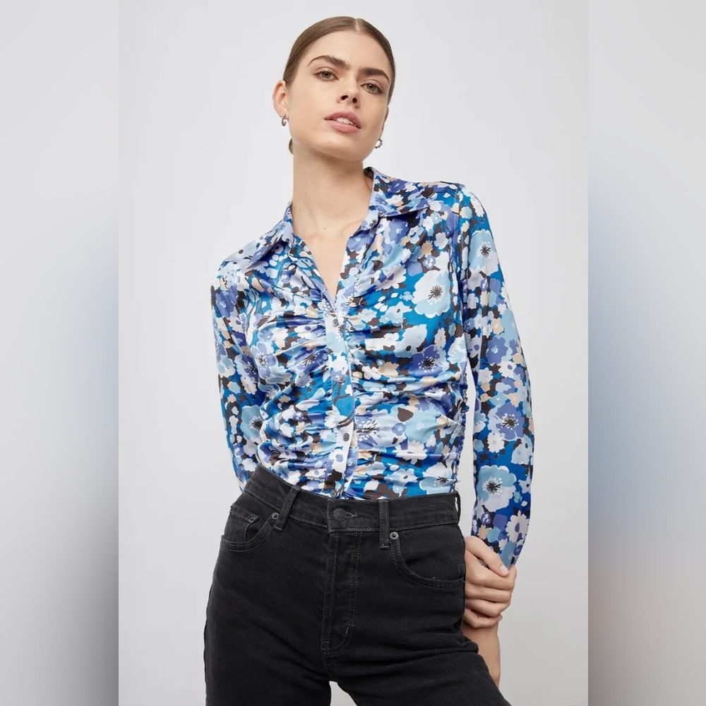 Rails Shirt NWT Women's XS Lisa Blue Floral Ruched Long Sleeve Jersey Stretch